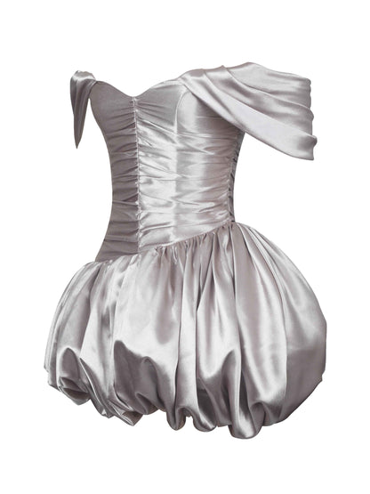 Milena Champagne Ruched Asymmetrical Bubble Mini Dress