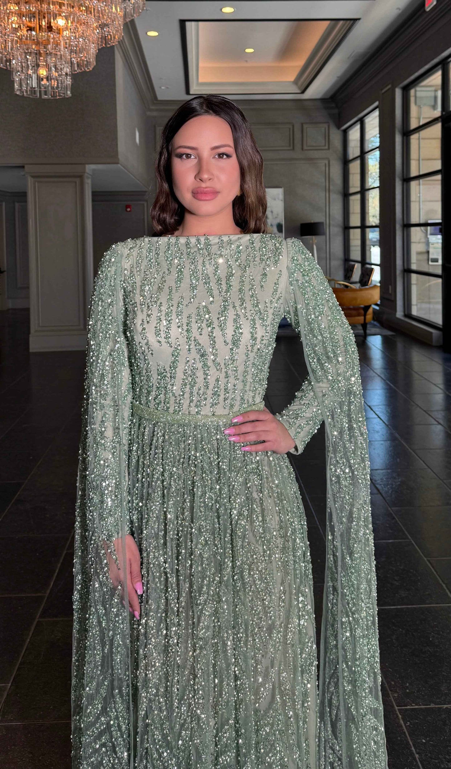 Nilah Modest A-Line Embellished Cape Sleeve Dress