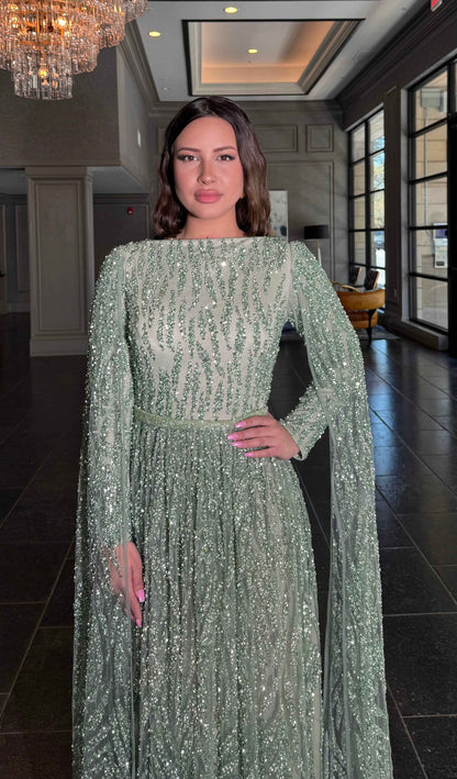 Nilah Modest A-Line Embellished Cape Sleeve Dress