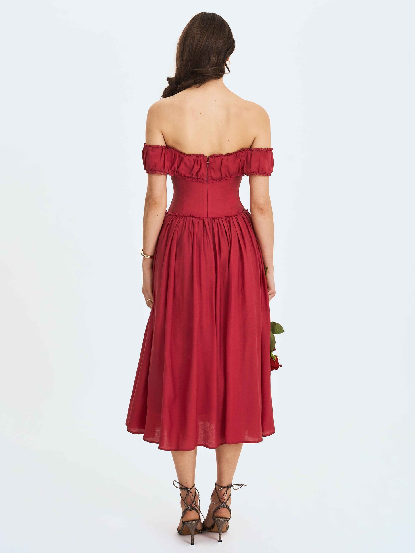 Xavy Crimson Off-Shoulder Corset Midi Dress