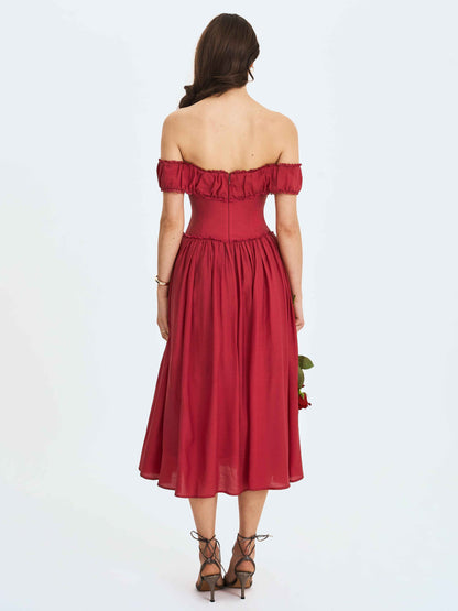 Xavy Crimson Off-Shoulder Corset Midi Dress