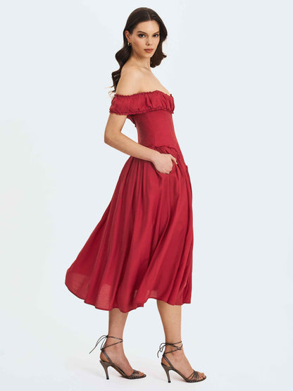 Xavy Crimson Off-Shoulder Corset Midi Dress