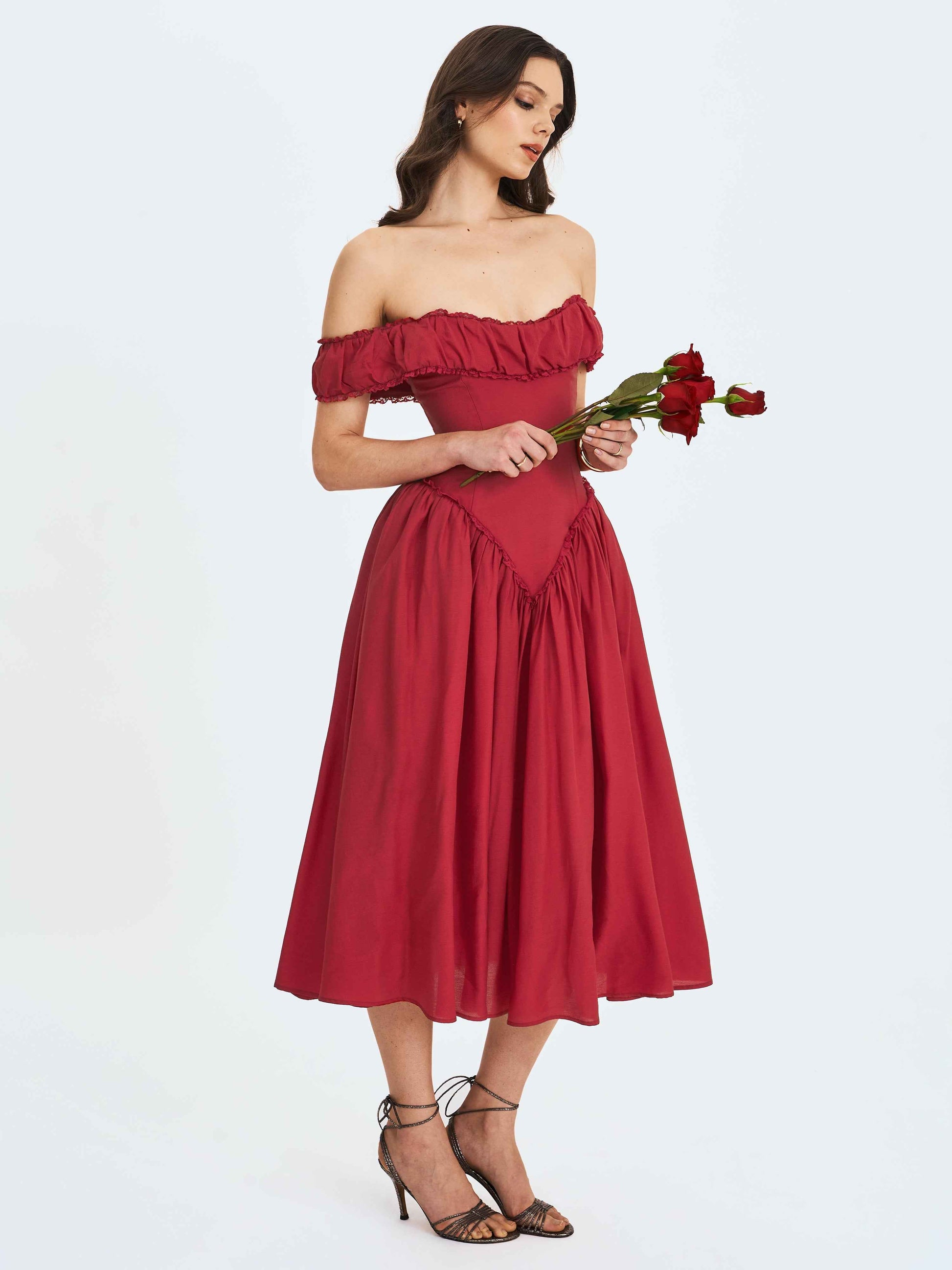 Xavy Crimson Off-Shoulder Corset Midi Dress