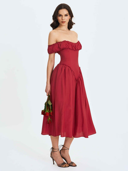 Xavy Crimson Off-Shoulder Corset Midi Dress