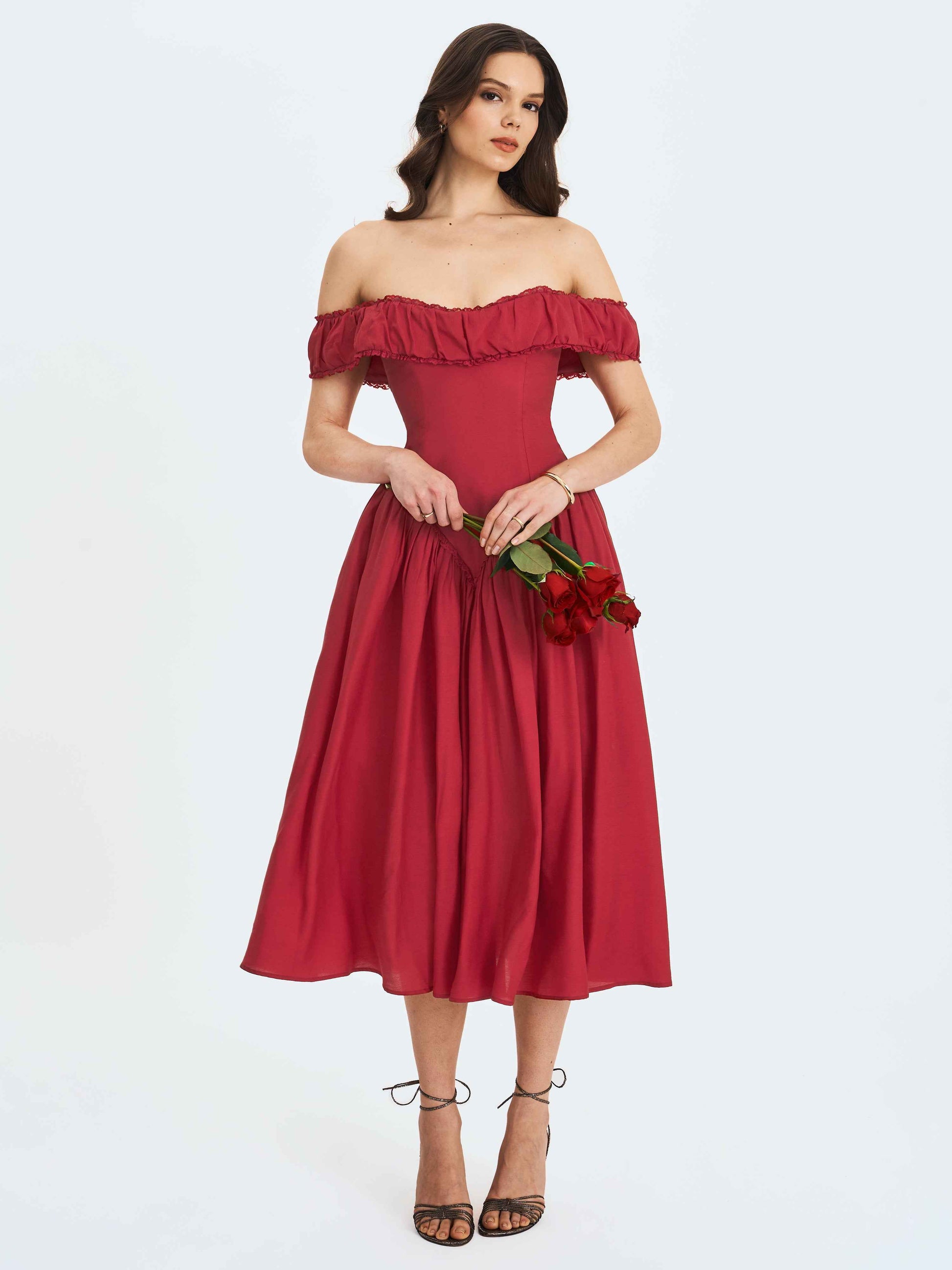 Xavy Crimson Off-Shoulder Corset Midi Dress