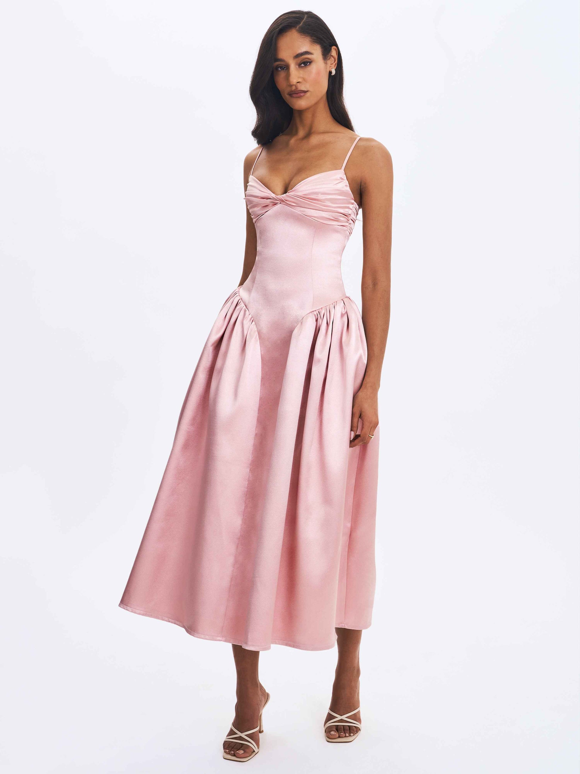 Tullia Dusty Rose Satin Ruched Midi Dress