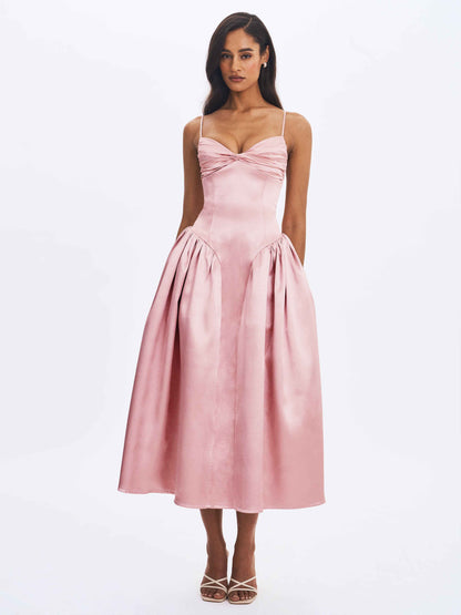 Tullia Dusty Rose Satin Ruched Midi Dress