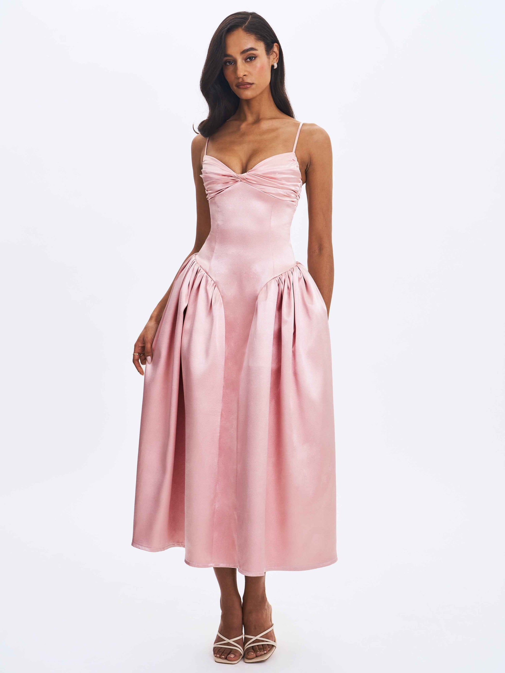 Tullia Dusty Rose Satin Ruched Midi Dress