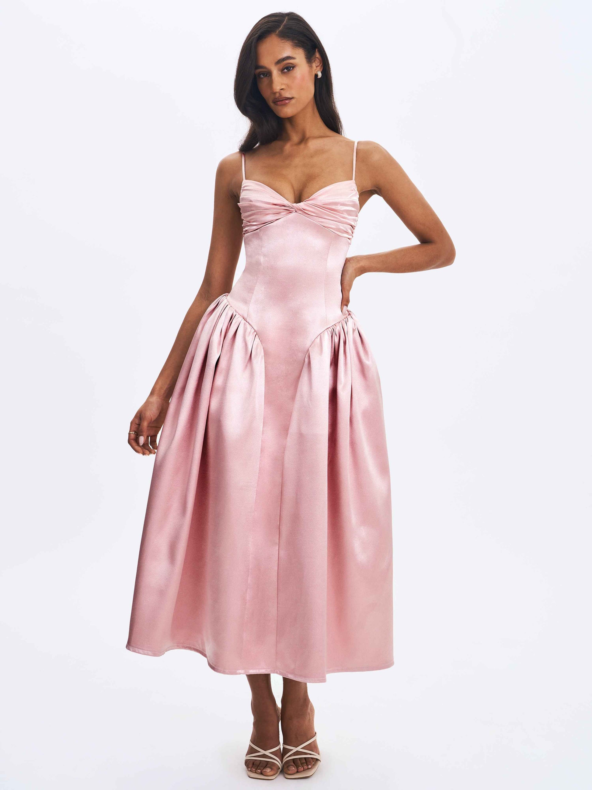 Tullia Dusty Rose Satin Ruched Midi Dress