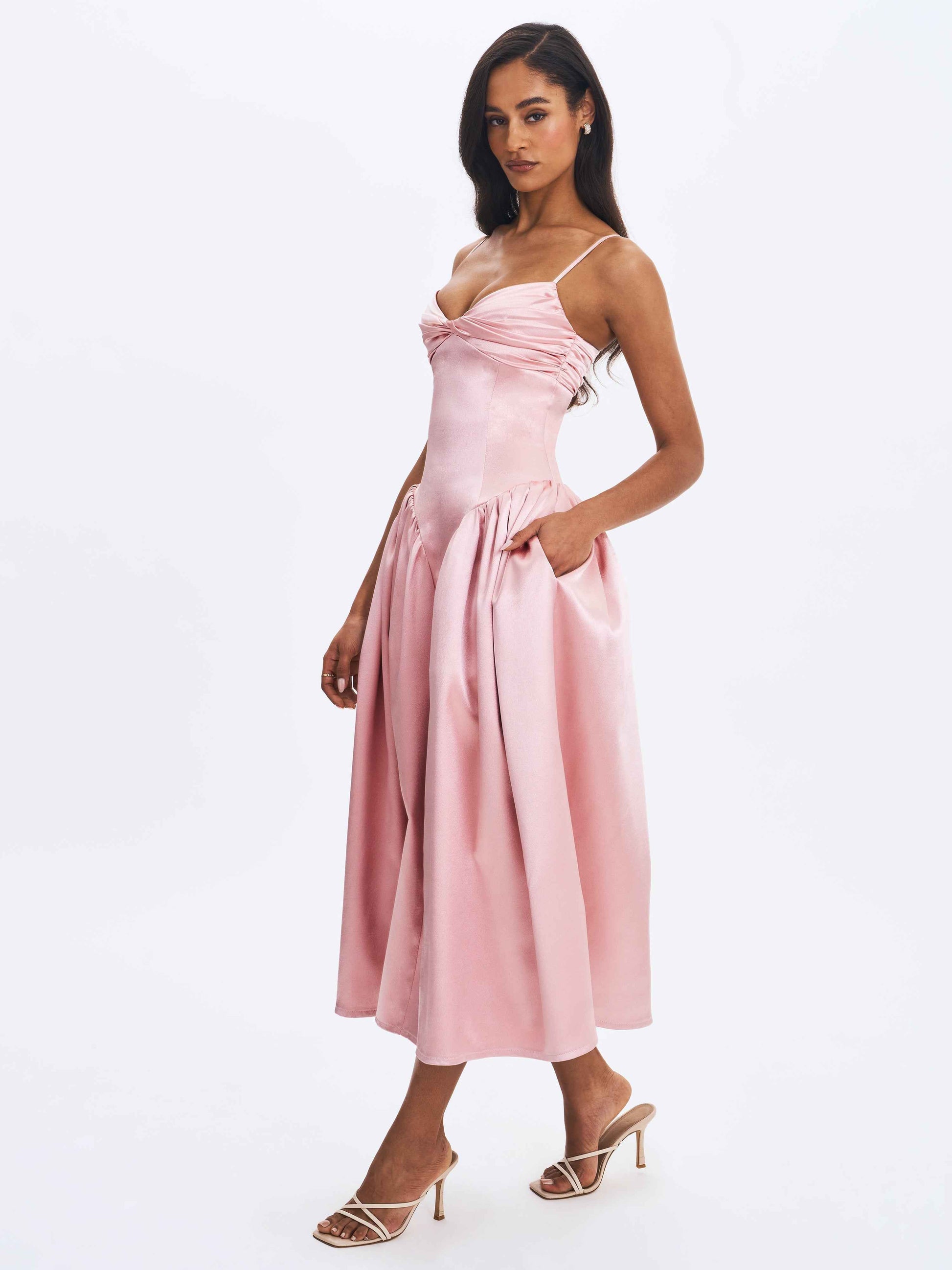 Tullia Dusty Rose Satin Ruched Midi Dress