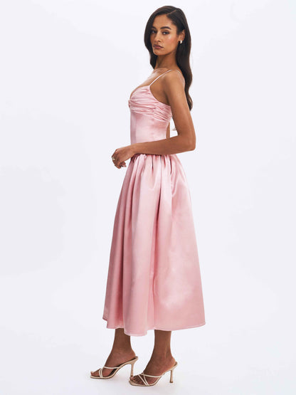 Tullia Dusty Rose Satin Ruched Midi Dress