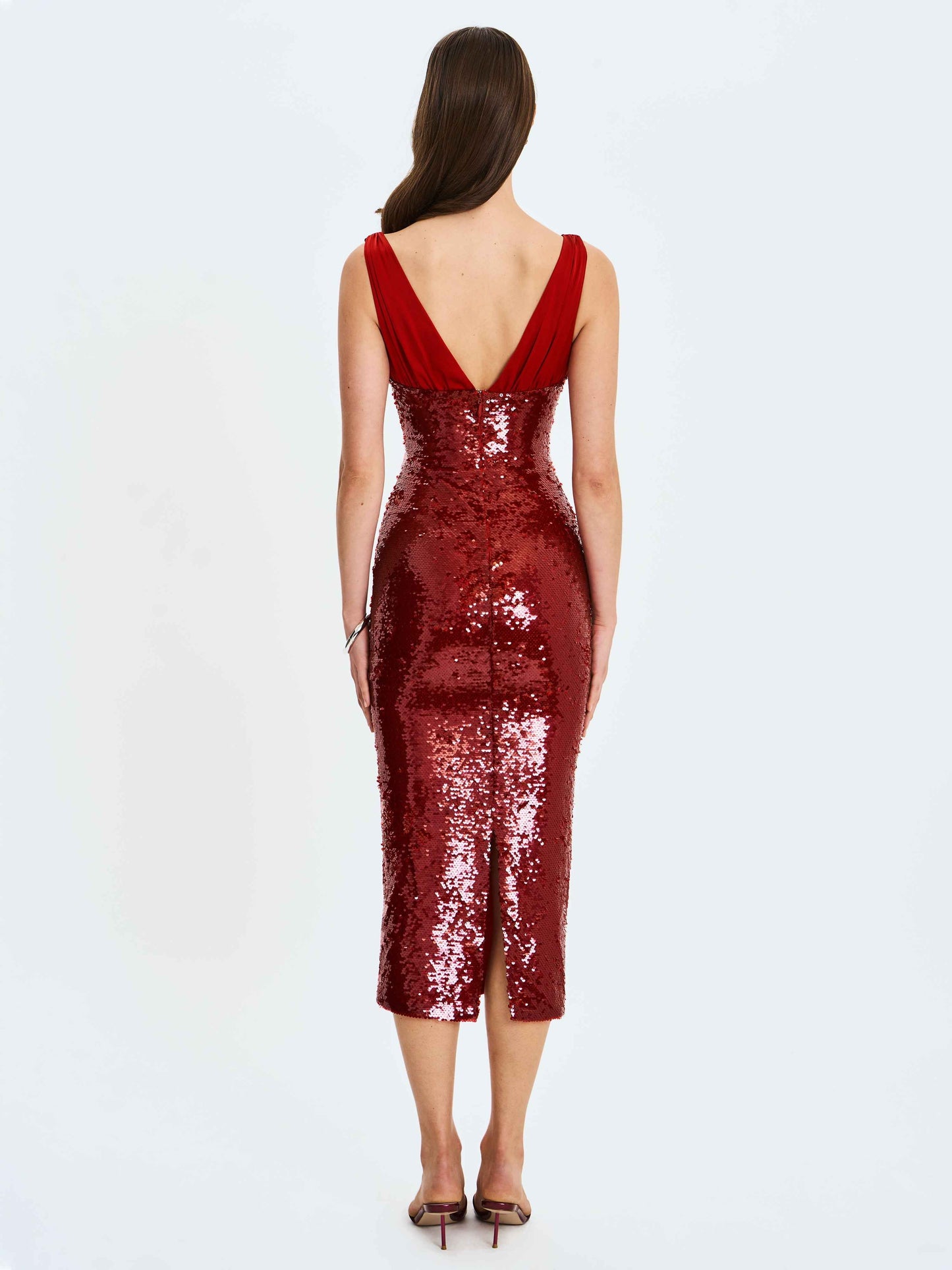 Shanelle Crimson Sequin Plunging Midi Dress