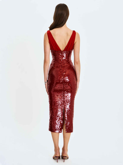 Shanelle Crimson Sequin Plunging Midi Dress