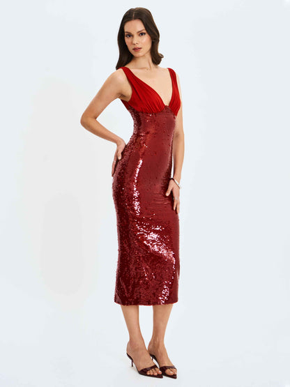 Shanelle Crimson Sequin Plunging Midi Dress