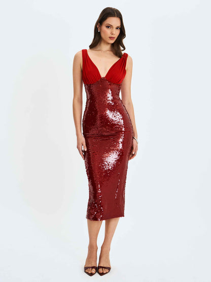 Shanelle Crimson Sequin Plunging Midi Dress