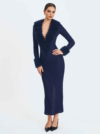 Romina Navy Plunging Fur Trimmed Crochet Maxi Dress
