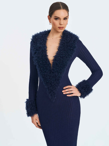 Romina Navy Plunging Fur Trimmed Crochet Maxi Dress