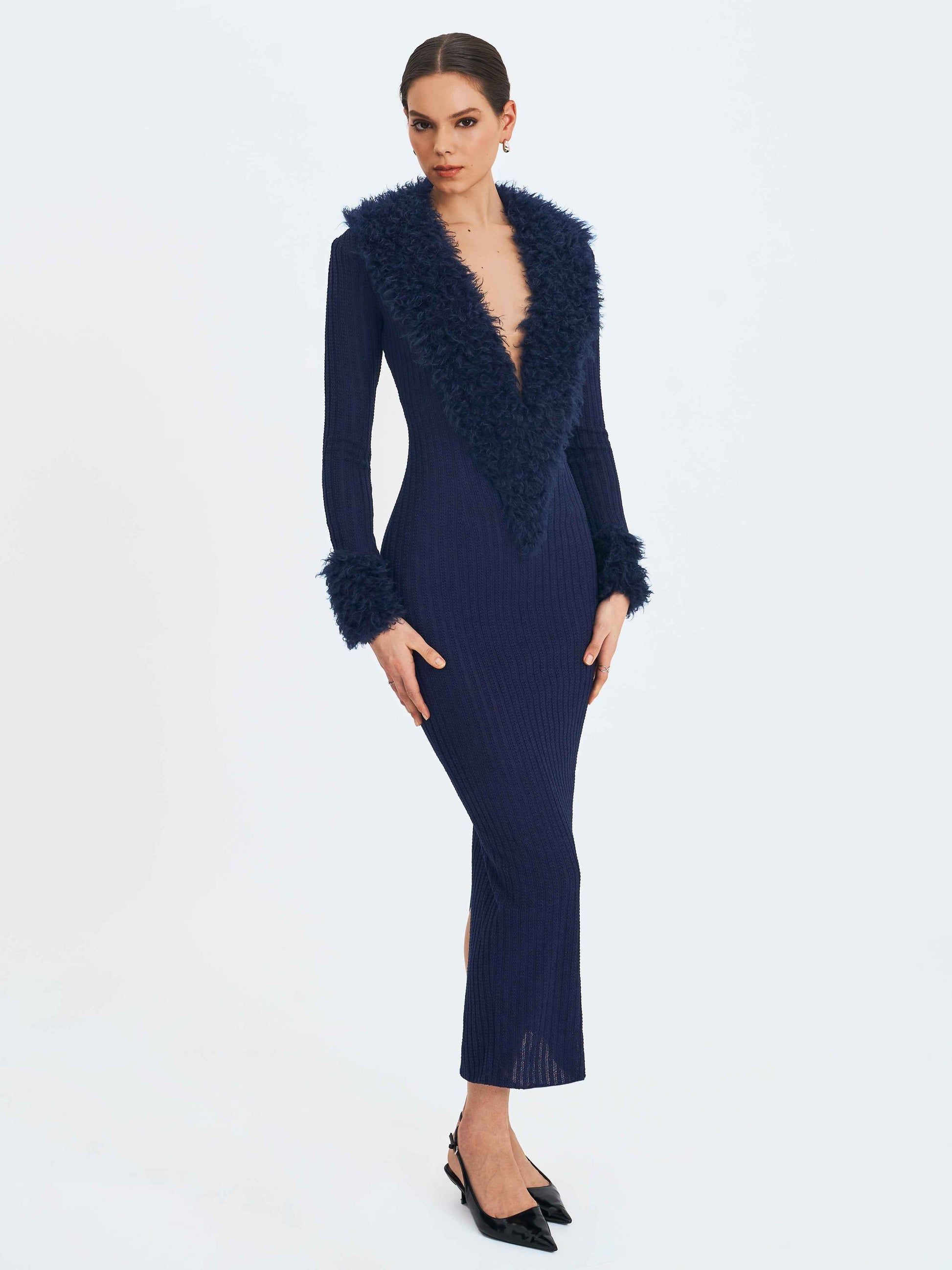 Romina Navy Plunging Fur Trimmed Crochet Maxi Dress