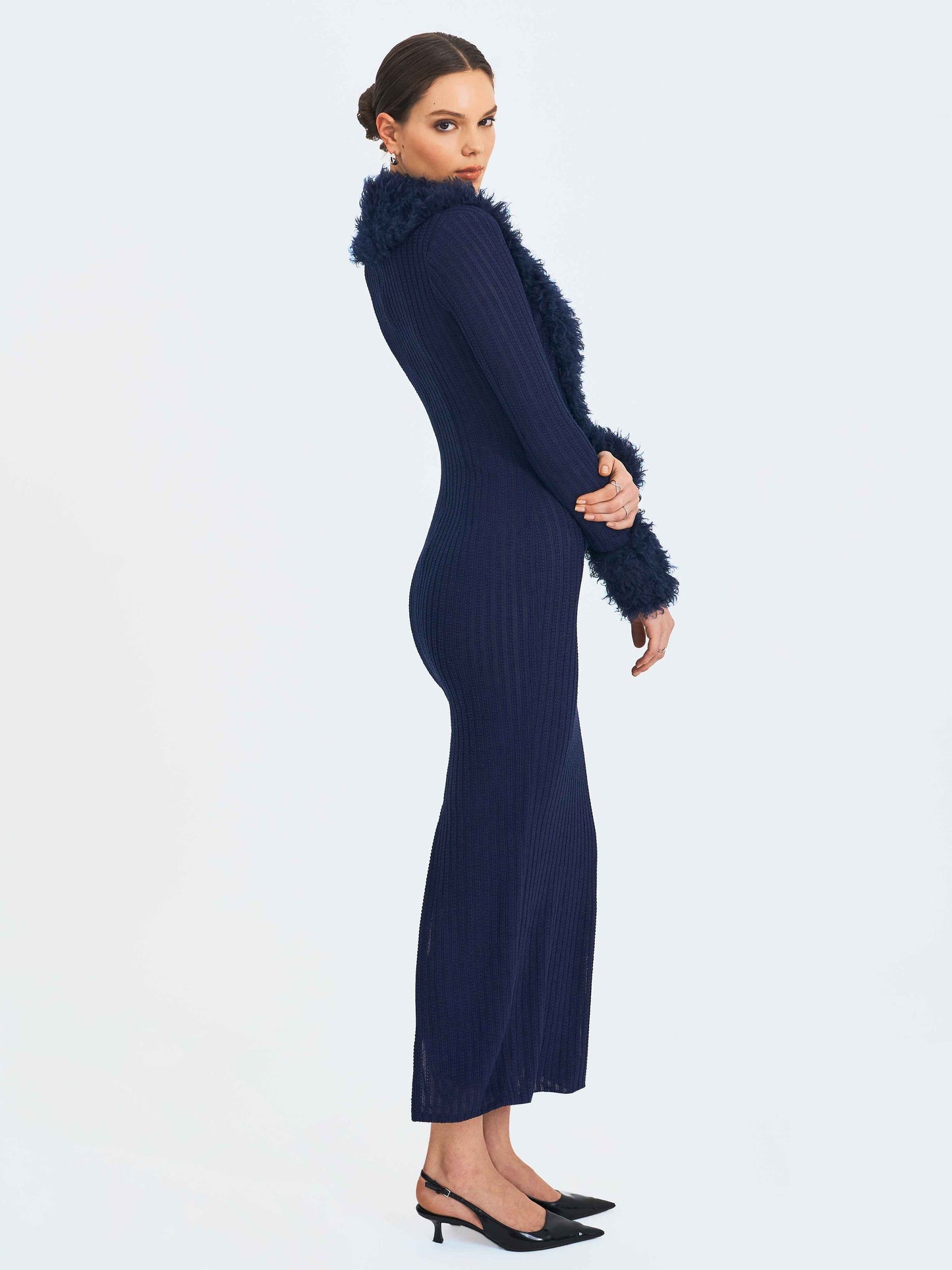Romina Navy Plunging Fur Trimmed Crochet Maxi Dress