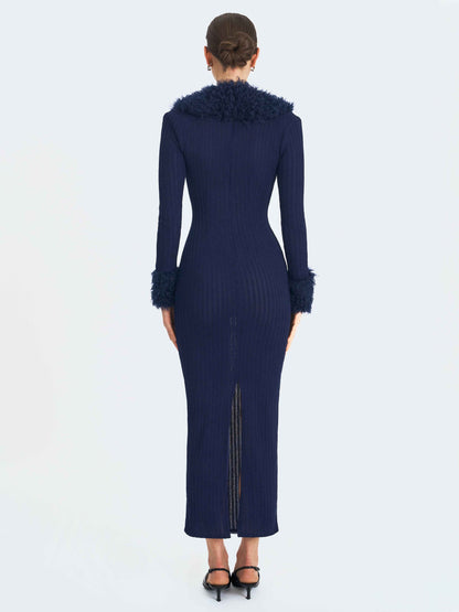 Romina Navy Plunging Fur Trimmed Crochet Maxi Dress