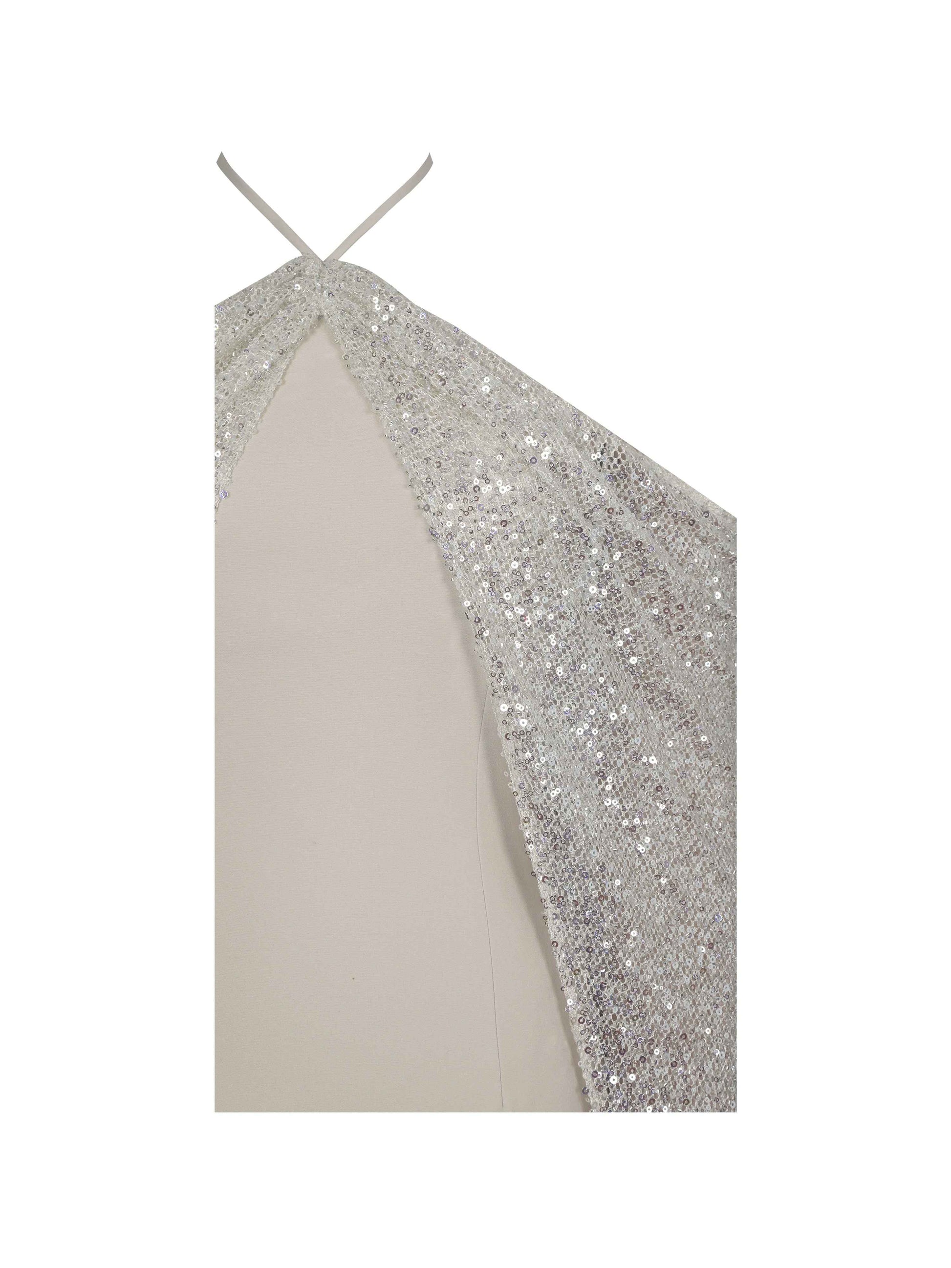 Quimera Almond Beaded Cape Halter Off-Shoulder Maxi Gown