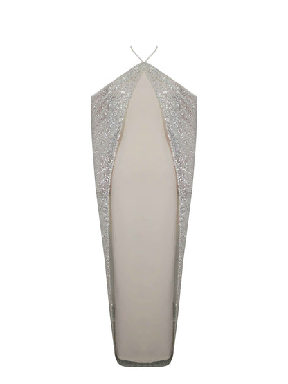 Quimera Almond Beaded Cape Halter Off-Shoulder Maxi Gown