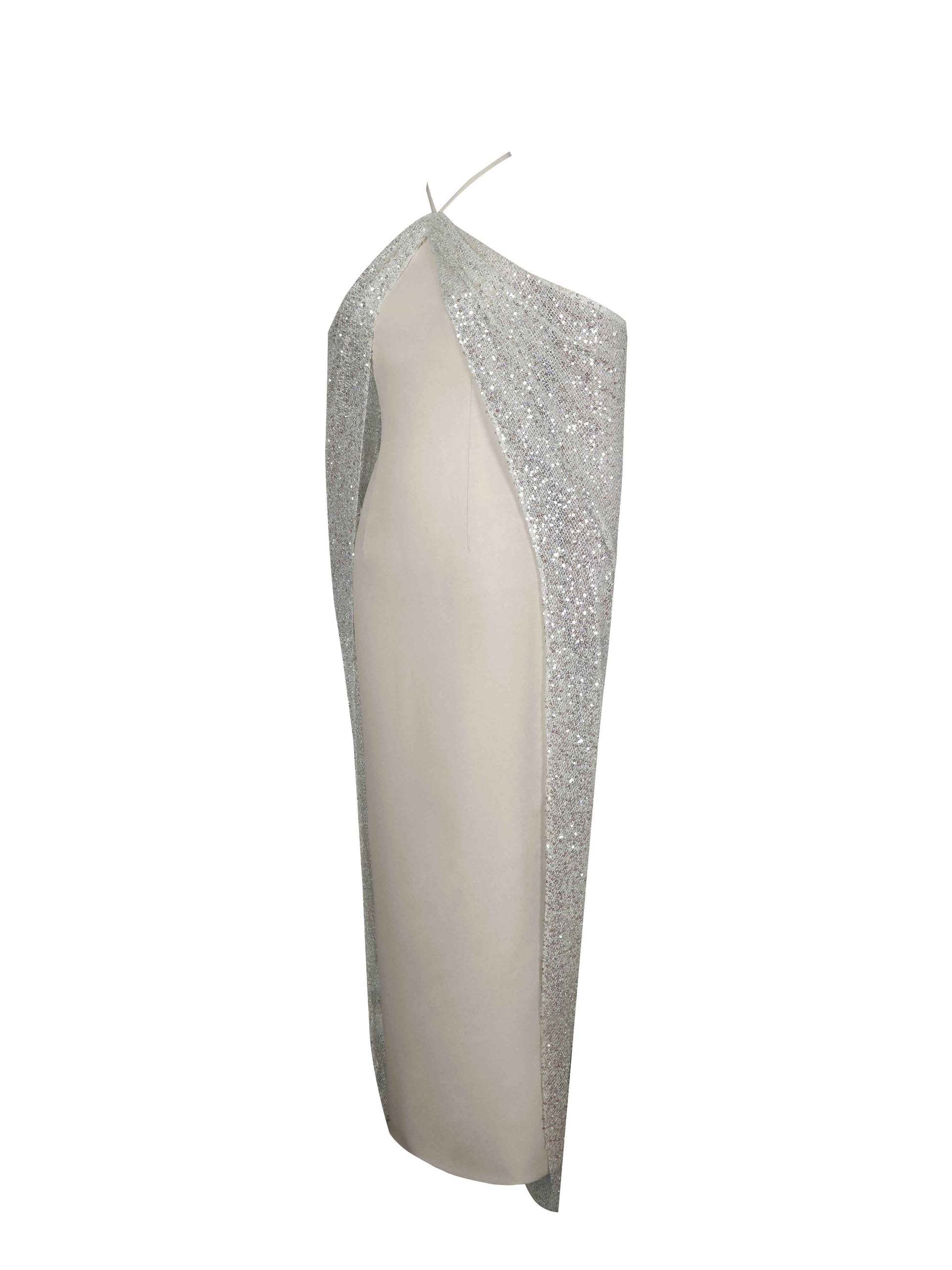 Quimera Almond Beaded Cape Halter Off-Shoulder Maxi Gown