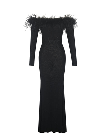 Emberly Black Fur Trimmed Off-Shoulder Rhinestone Mermaid Maxi Dress