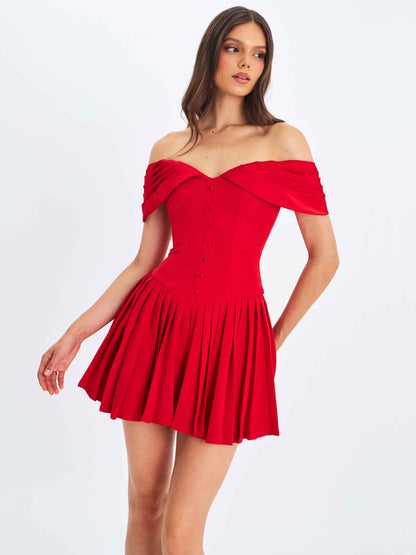 Narelle Crimson Off-Shoulder Sweetheart Drop Waist Mini Dress