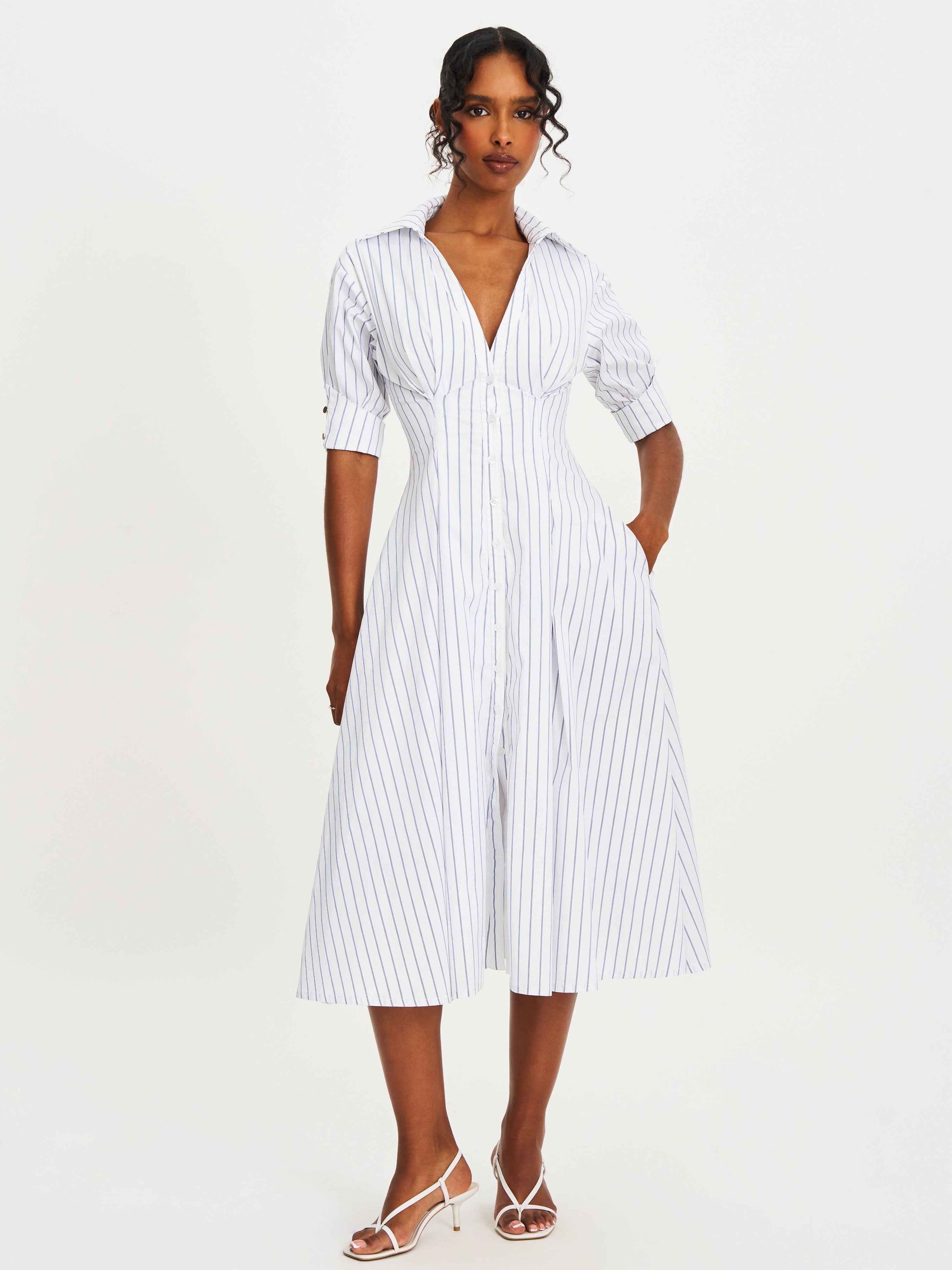 Palina Pinstripes Cotton Poplin Pleated Midi Preppy Shirt Dress