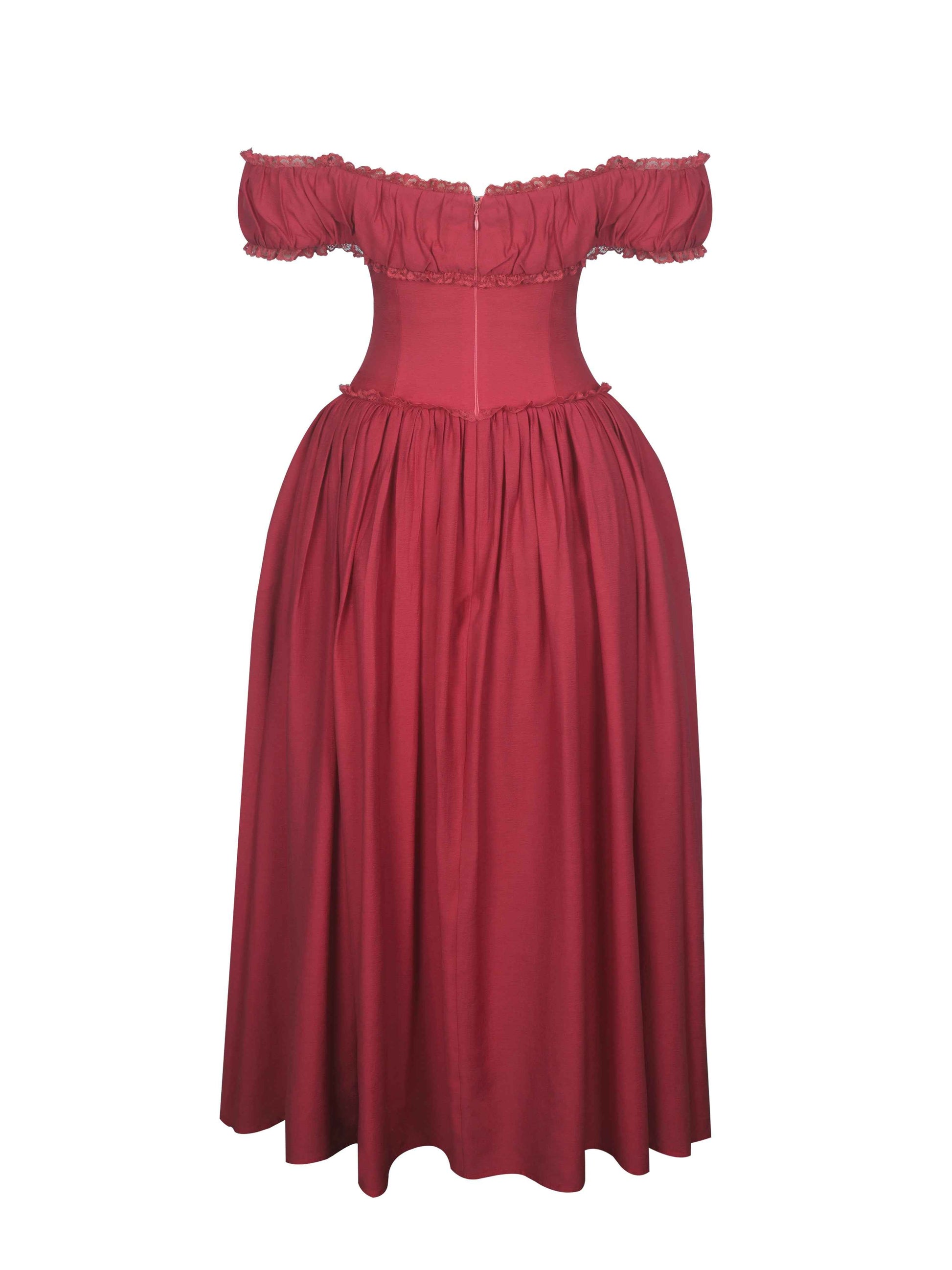 Xavy Crimson Off-Shoulder Corset Midi Dress