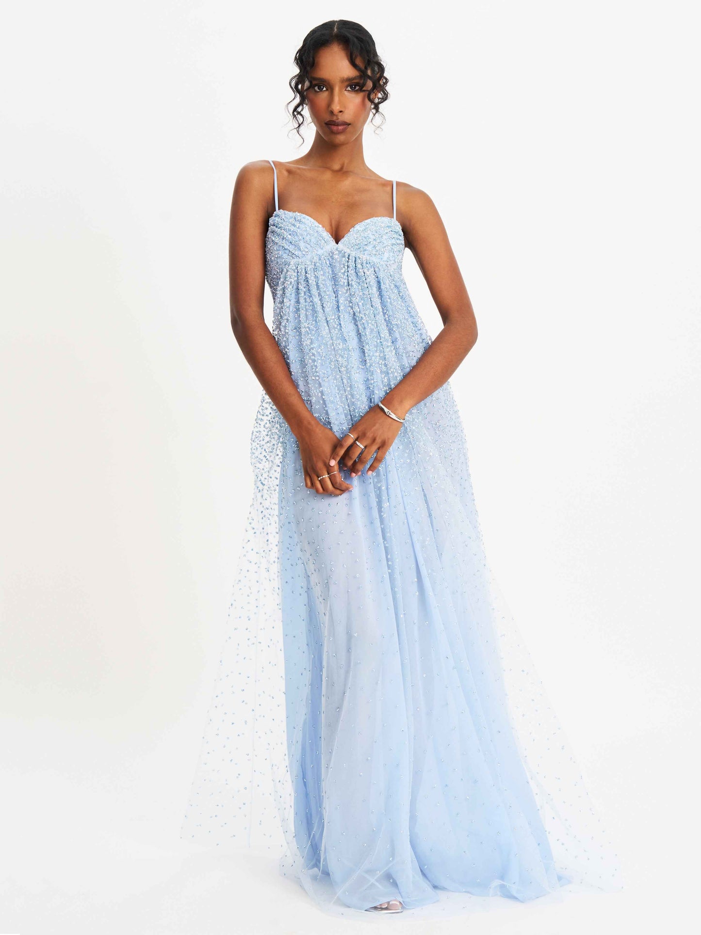 Wallie Baby Blue Rhinestone Embellished Mesh Backless Gown