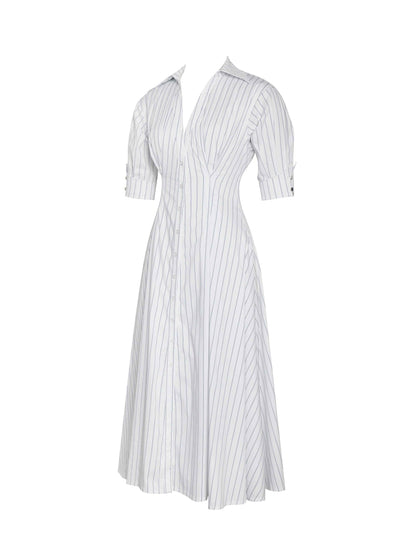 Palina Pinstripes Cotton Poplin Pleated Midi Preppy Shirt Dress