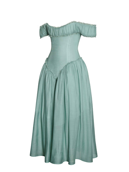 Xavy Teal Green Off Shoulder Corset Midi Dress