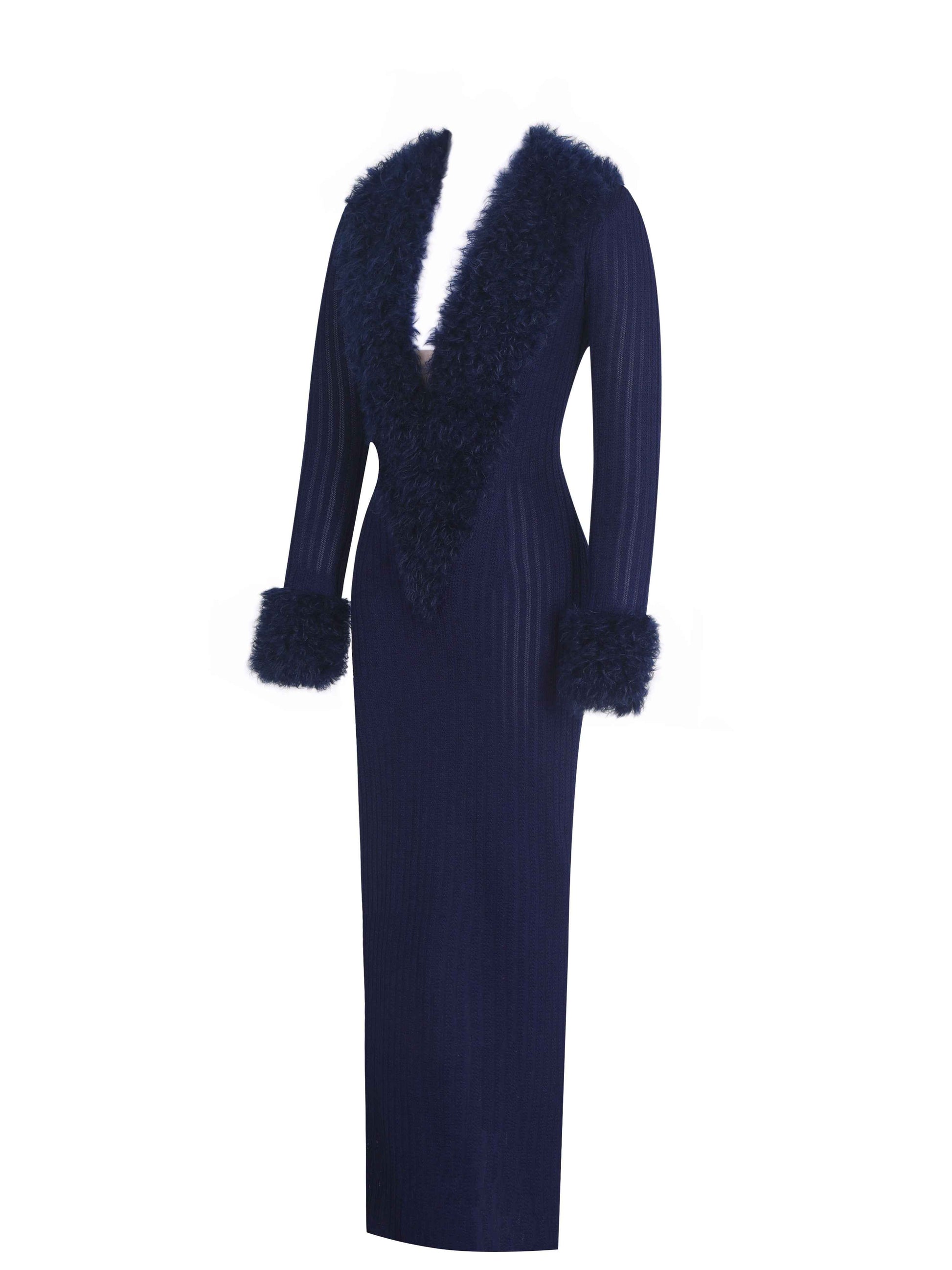 Romina Navy Plunging Fur Trimmed Crochet Maxi Dress