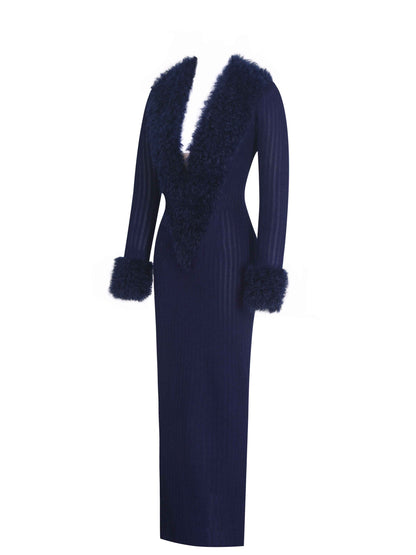 Romina Navy Plunging Fur Trimmed Crochet Maxi Dress