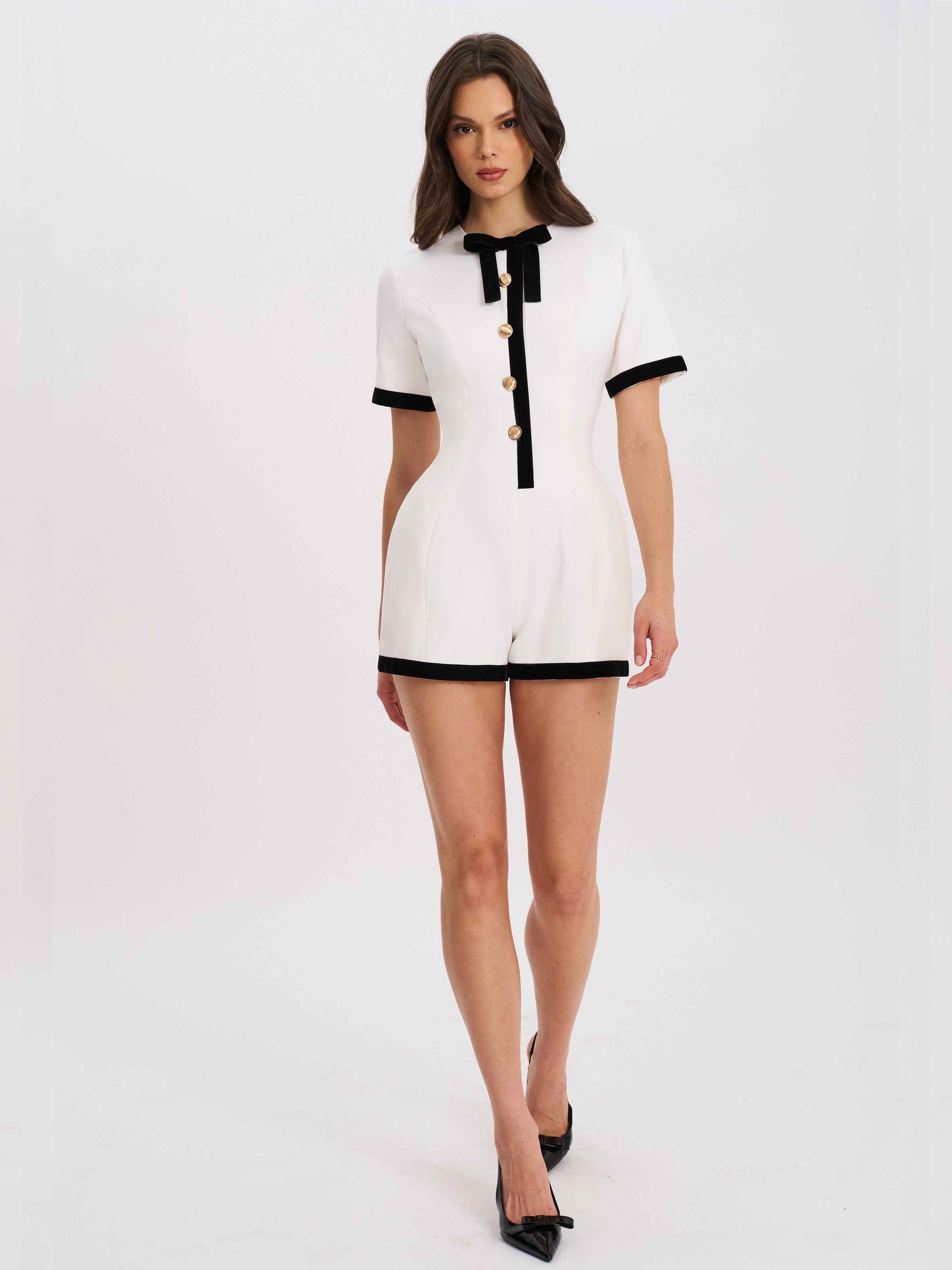 Idina Business Casual White Romper with Black Trim