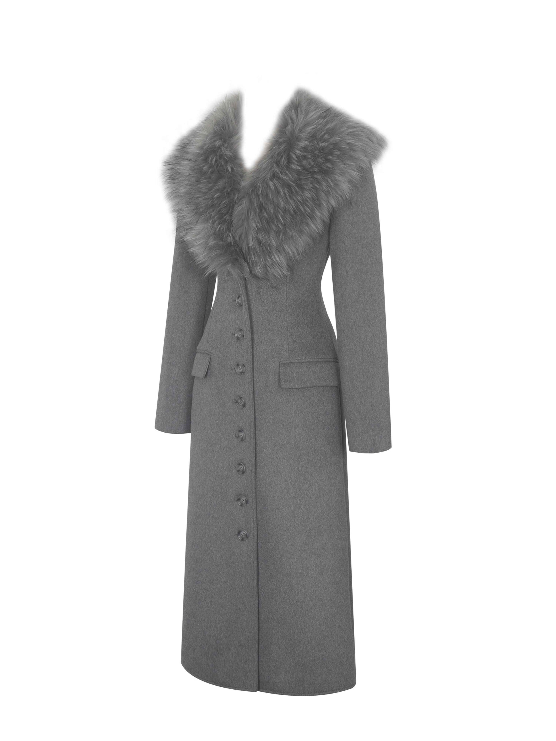 Faye Grey Wool Blend Single-Breasted Coat with Removable Faux Fur Collar