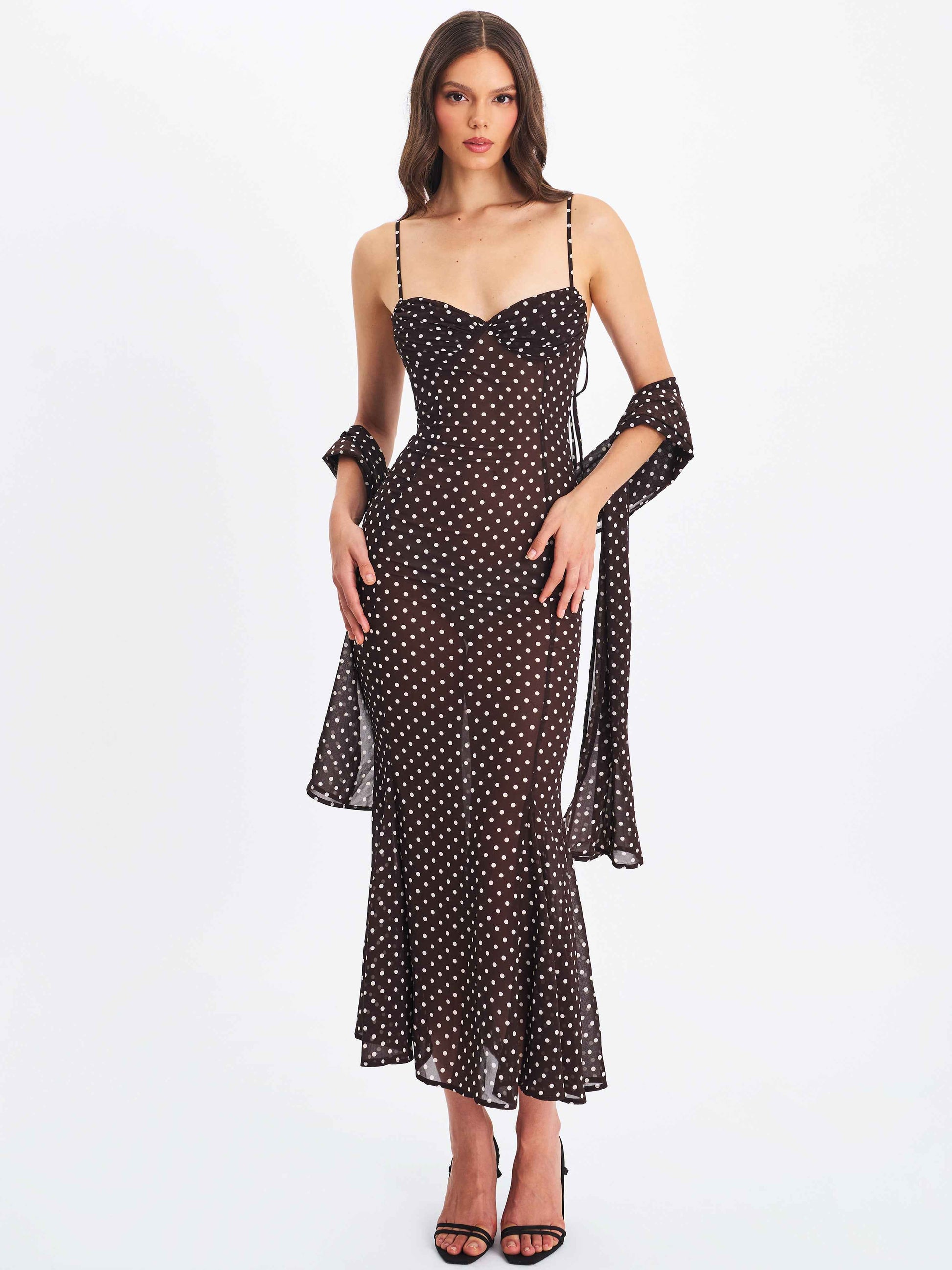 Yadira Brown Base Polka Dot Chiffon Maxi Dress