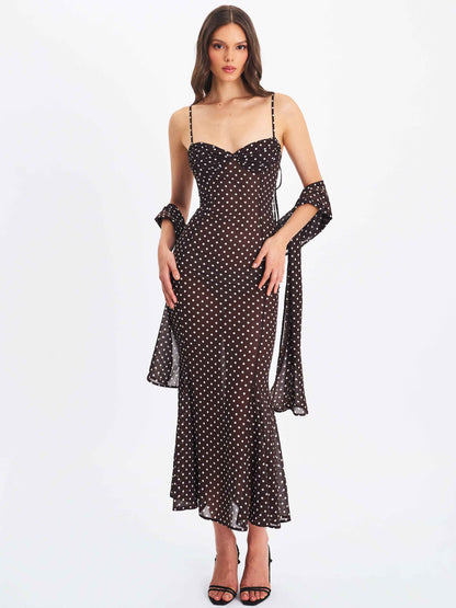 Yadira Brown Base Polka Dot Chiffon Maxi Dress