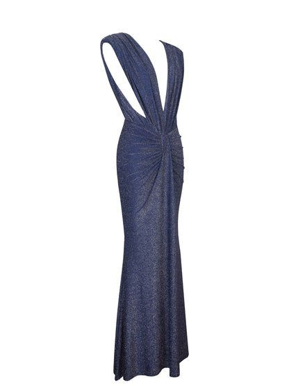 Terri Navy Sparkle Plunging Backless Maxi Dress