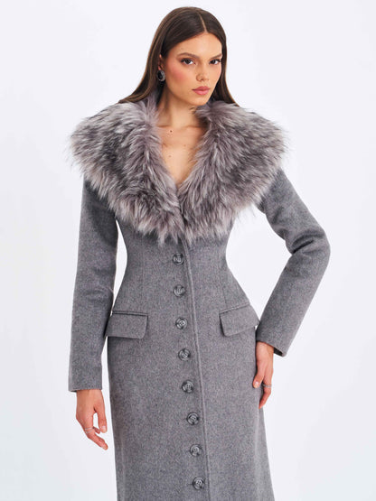 Faye Grey Wool Blend Single-Breasted Coat with Removable Faux Fur Collar