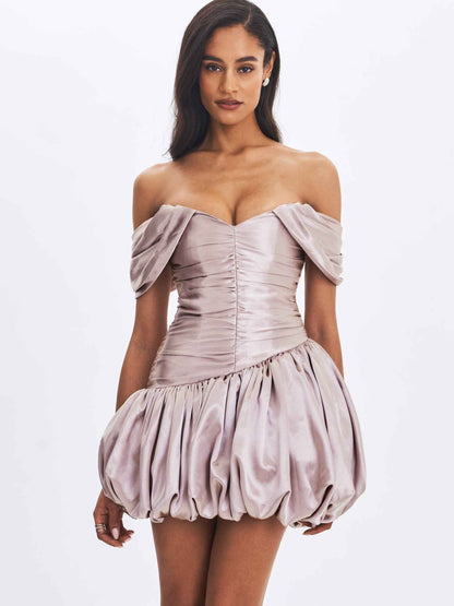 Milena Champagne Ruched Asymmetrical Bubble Mini Dress