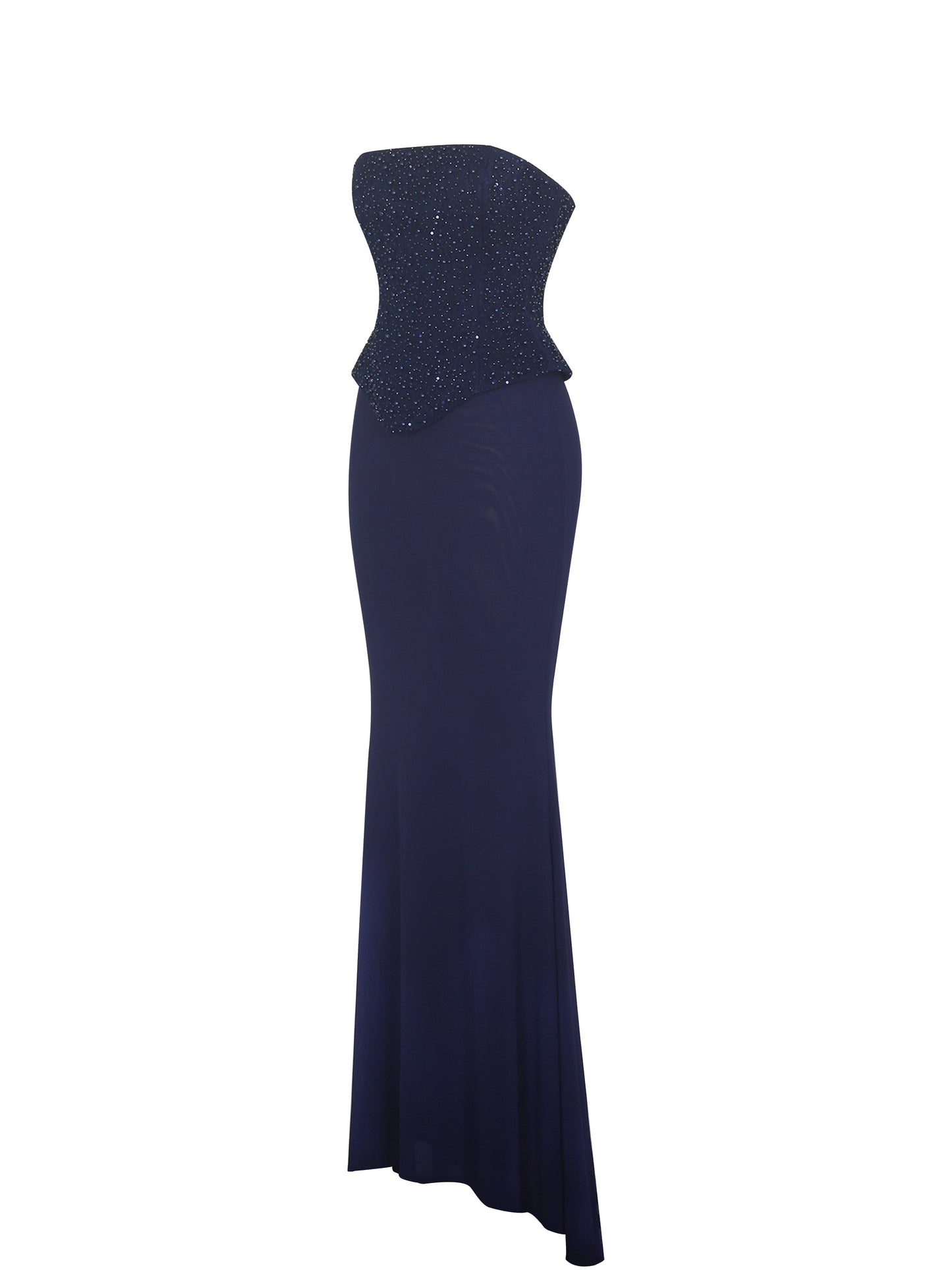 Orabelle Navy Beaded Peplum Mermaid Maxi Gown with Lace-up Back