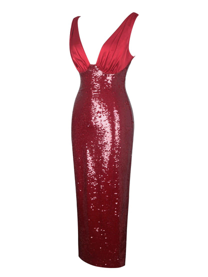 Shanelle Crimson Sequin Plunging Midi Dress