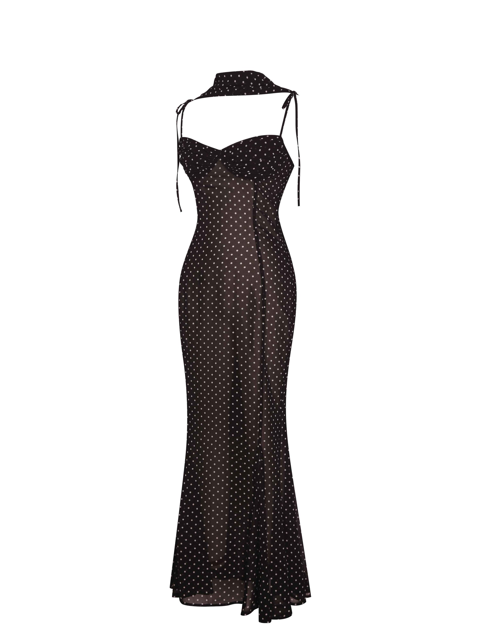 Yadira Brown Base Polka Dot Chiffon Maxi Dress