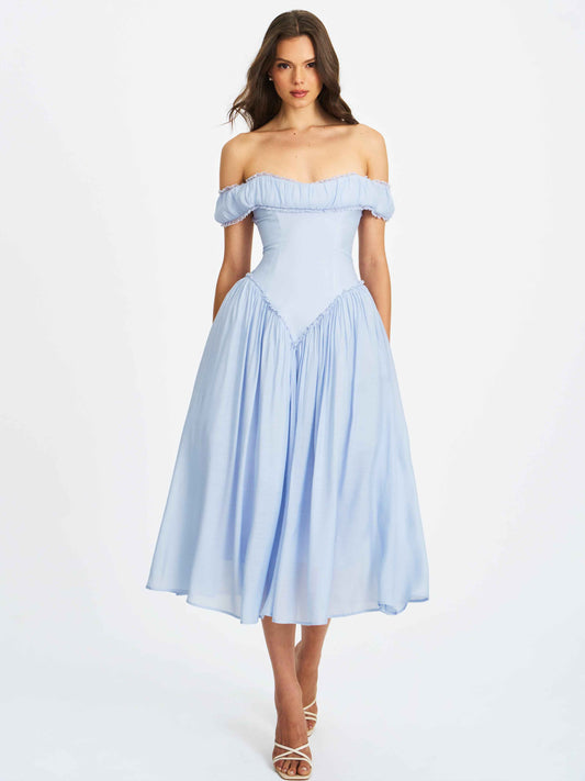 Xavy Baby Blue Off Shoulder Corset Midi Dress