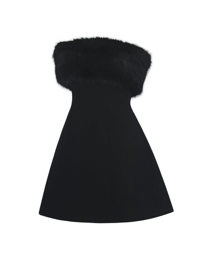 Evelyn Black Fur-Trimmed Mini A-Line Dress