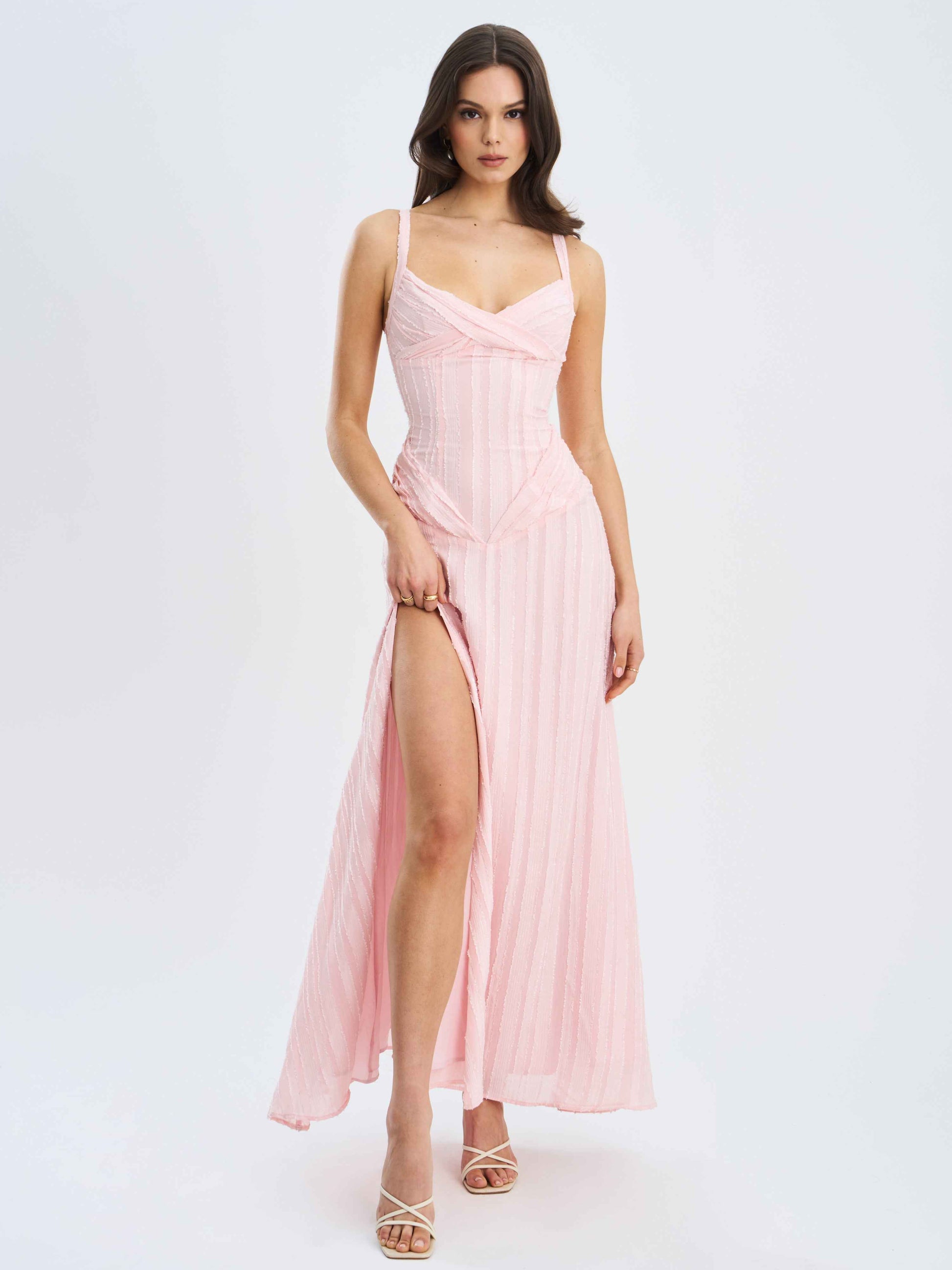Mallory Baby Pink Stripe Jacquard High Slit Gown
