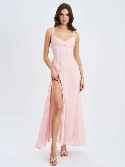 Mallory Baby Pink Stripe Jacquard High Slit Gown